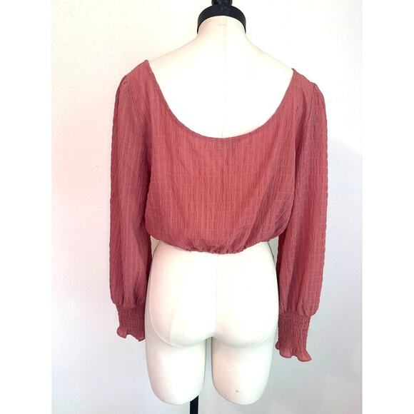 WAYF Women’s Crop Long Sleeve Textured Peasant BOHO Blouse Roast Brown Size M - Picture 2 of 8